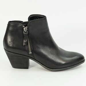 Frye Judith Black Leather Zip Ankle Boots with Medium Low Heel